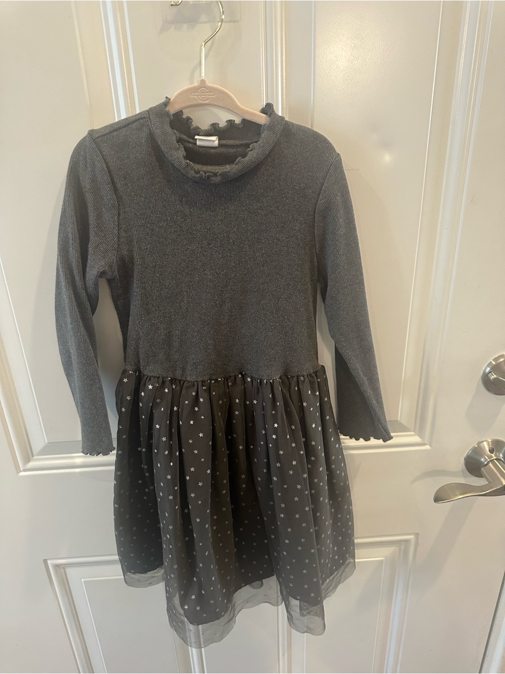 GAP Girls' Gray Star-Print Long Sleeve Dress with tulle skirt